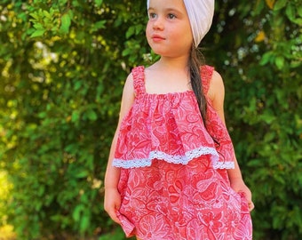 Cotton girls dress pink paisley lace detail vacation dress holiday beach dress birthday dress outfit for family photos dress gift for girl