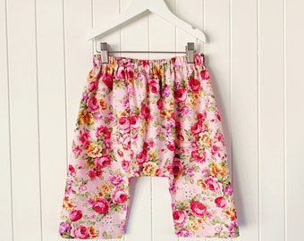 Pink floral harem pants. Girls slouchy pants girly beach baggy pants cotton boho  slouchy baby handmade clothing baby shower gift