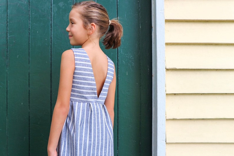 Linen fabric Stripes Minimalist dress Striped dress Sunday dress Linen striped girls dress Blue and white dress V-back summer dress