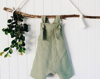 Linen romper green baby shower gift boy  sage  green crisp Adjustable straps unisex linen outfit linen onsie linen overalls green linen