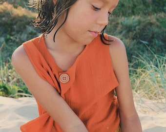 Summer top. Turmeric Paprika. Off centre wood button. Minimalist style. Girls beach top. Yellow top. 100% cotton.