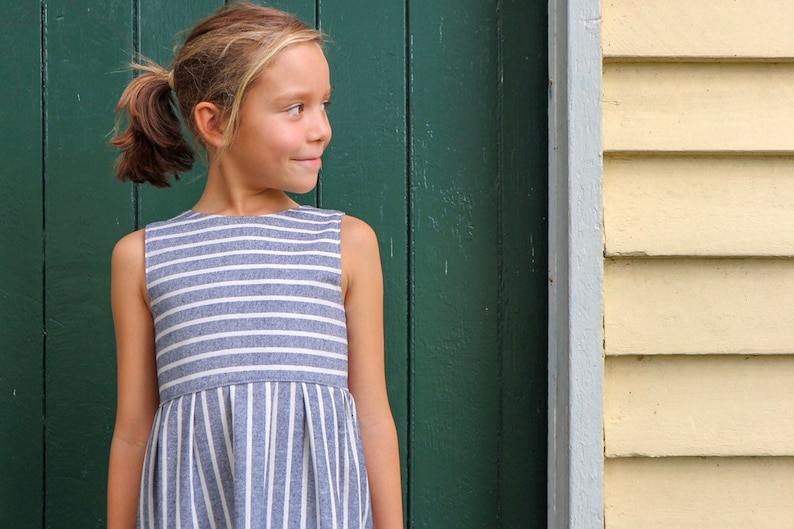 Linen fabric Stripes Minimalist dress Striped dress Sunday dress Linen striped girls dress Blue and white dress V-back summer dress