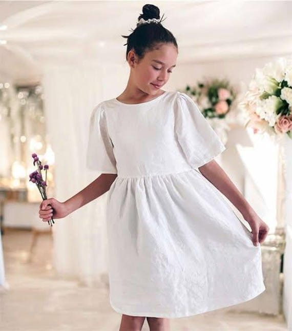 Linen Girls Dress Crisp White Dress. 100% Linen Flower Girl V-back Aurora Girls  Dress Puff Sleeve Summer Dress Baptism Christening - Etsy