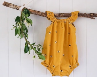 Bee romper organic cotton nature save the bees / yellow mustard outfit / photo prop / animal baby shower onsie /  playsuit / toddler romper/