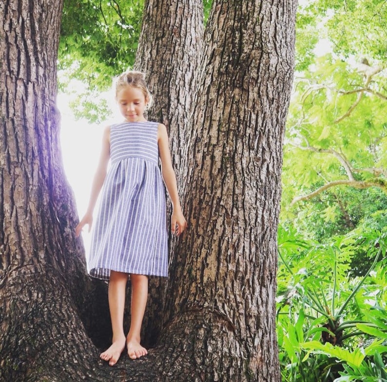 Linen fabric Stripes Minimalist dress Striped dress Sunday dress Linen striped girls dress Blue and white dress V-back summer dress