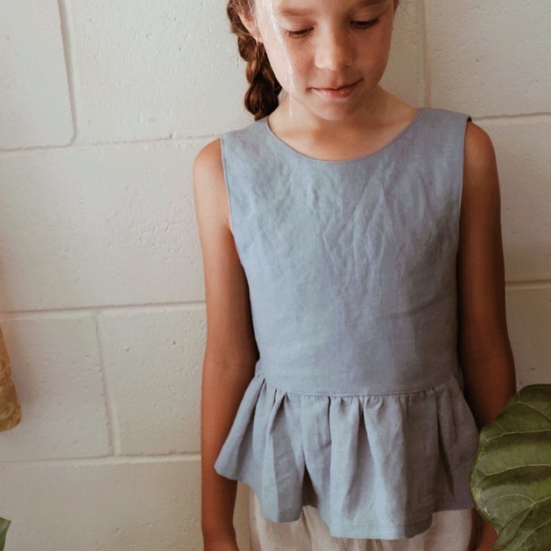 Linen Peplum top sleeveless Minimalist style. Girls beach top. Dusty pink sage green blue neutral beige birthday gift idea image 4