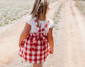 Gingham suspender skirt red gingham autumn skirt red and white plaid with adjustable tie straps woodland skirt folk family photos