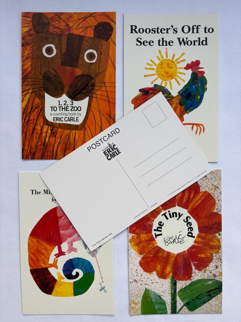 May include: A collection of Eric Carle postcards featuring illustrations from his children's books. The postcards include images of a lion, a rooster, a chameleon, and a flower. One postcard is blank, with lines for writing.