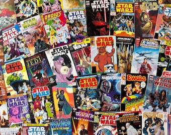 May include: A collection of Star Wars comic books with various covers. The comics feature characters and scenes from the Star Wars universe, including Darth Vader, Luke Skywalker, and the Ewoks. The covers display vibrant colors and dynamic artwork.
