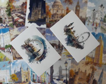 May include: Two white rectangular greeting cards featuring watercolor illustrations of London landmarks. One card displays the London Eye and Big Ben, while the other shows a bridge and city skyline with birds flying in the sky.