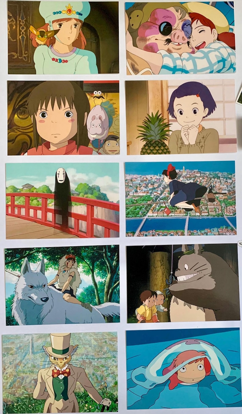 May include: A collection of nine postcards featuring characters and scenes from Studio Ghibli animated films. The postcards feature characters such as Totoro, Kiki, and No Face, as well as scenes from the films.