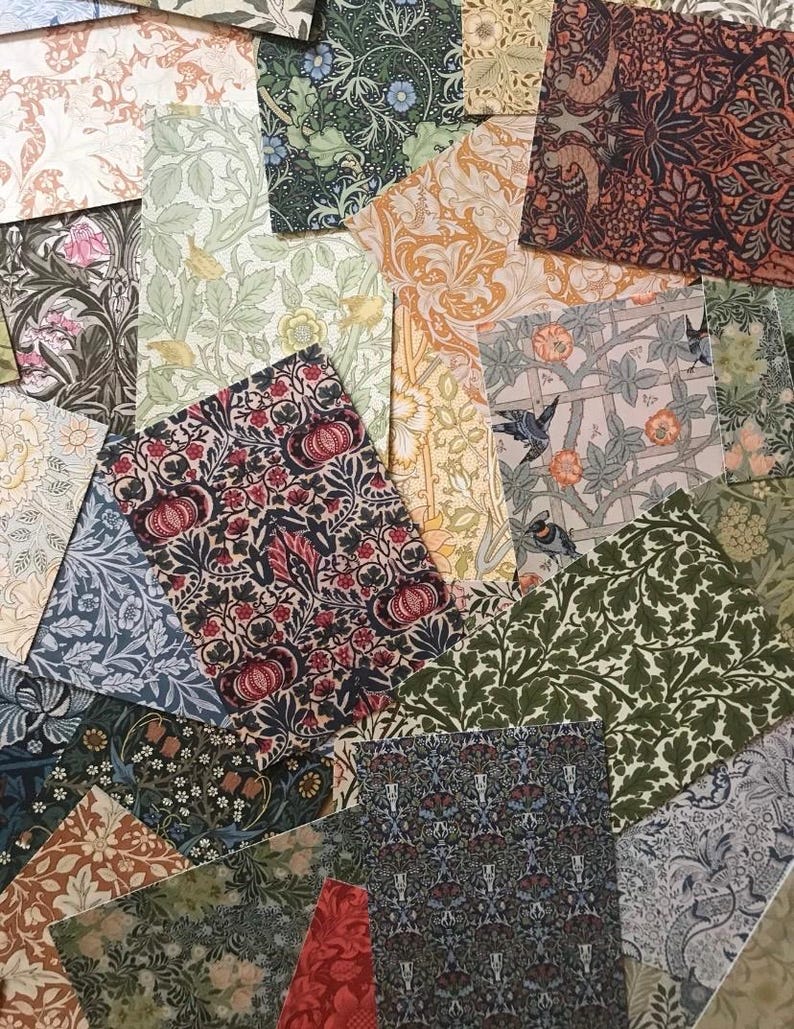May include: Assortment of patterned paper squares in various colors and designs, including floral, geometric, and abstract patterns. The papers are arranged in a random pattern, creating a visually appealing collage.