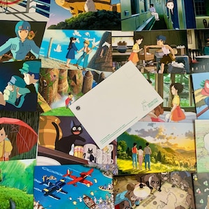 May include: A collection of postcards featuring scenes from Studio Ghibli animated films. The postcards are arranged in a collage, with some overlapping. The images include characters from the films, such as Totoro, Kiki's Delivery Service, and Spirited Away. The postcards are printed on high-quality cardstock and are perfect for framing or sending to friends and family.