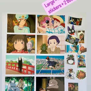 May include: A collage of 12 images featuring characters from Studio Ghibli films. The images are arranged in a grid of four rows and three columns. The images include characters from Spirited Away, My Neighbor Totoro, Kiki's Delivery Service, Howl's Moving Castle, Princess Mononoke, and Ponyo. The text "Regular = 10 postcards + 10 stickers + 1 bookmark" and "Large = 20 postcards + 10 stickers + 2 bookmarks" is visible at the top of the image.