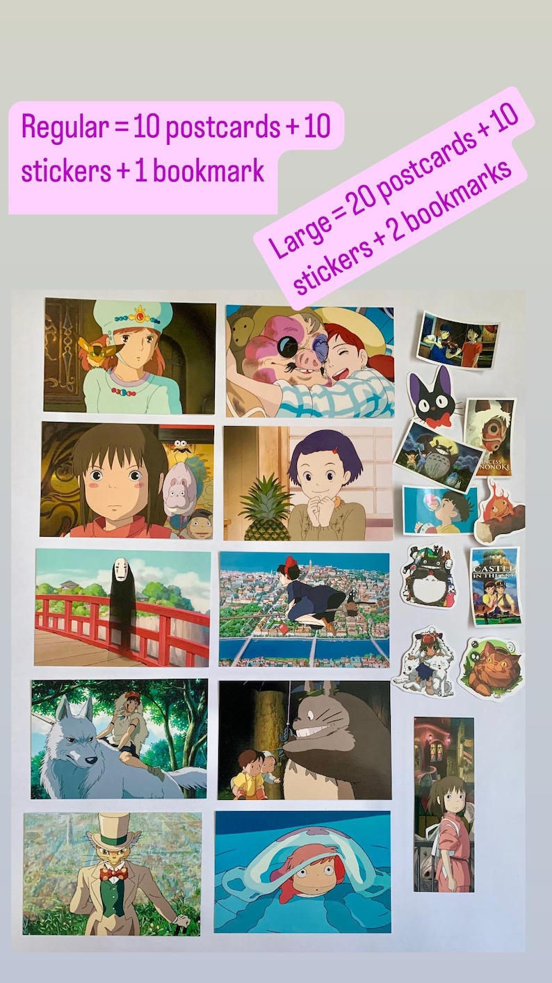 May include: A collage of 12 images featuring characters from Studio Ghibli films. The images are arranged in a grid of four rows and three columns. The images include characters from Spirited Away, My Neighbor Totoro, Kiki's Delivery Service, Howl's Moving Castle, Princess Mononoke, and Ponyo. The text "Regular = 10 postcards + 10 stickers + 1 bookmark" and "Large = 20 postcards + 10 stickers + 2 bookmarks" is visible at the top of the image.