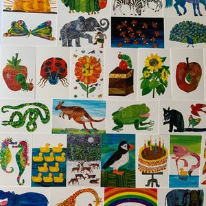 May include: A collection of colorful illustrations featuring various animals, insects, and objects. The artwork includes a caterpillar, zebra, butterfly, elephant, ladybug, flower, cake, apple, snake, kangaroo, frog, seahorse, ducks, puffin, flamingo, hippo, giraffe, and rainbow.