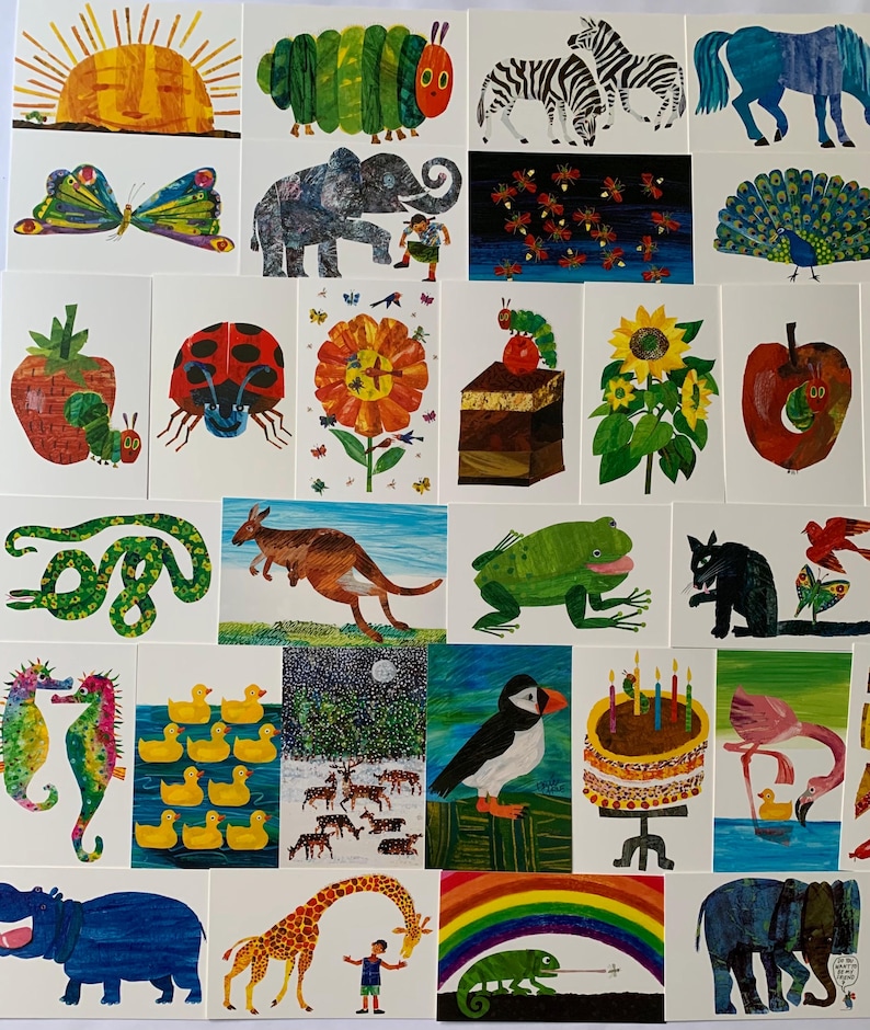 May include: A collection of colorful illustrations featuring various animals, insects, and objects. The artwork includes a caterpillar, zebra, butterfly, elephant, ladybug, flower, cake, apple, snake, kangaroo, frog, seahorse, ducks, puffin, flamingo, hippo, giraffe, and rainbow.