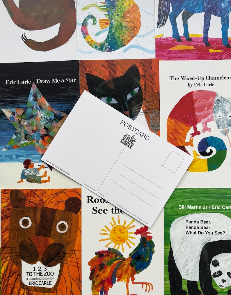 May include: A collection of children's books and a postcard featuring illustrations by Eric Carle. The books showcase colorful animal illustrations, including a cat, a chameleon, and a panda bear. The postcard has the text "POSTCARD" and "world of Eric Carle".