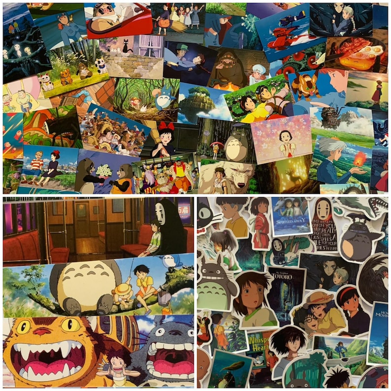 May include: A collage of colourful stickers featuring characters and scenes from popular Studio Ghibli animated films, including Totoro, Spirited Away, Howl's Moving Castle, and Kiki's Delivery Service.