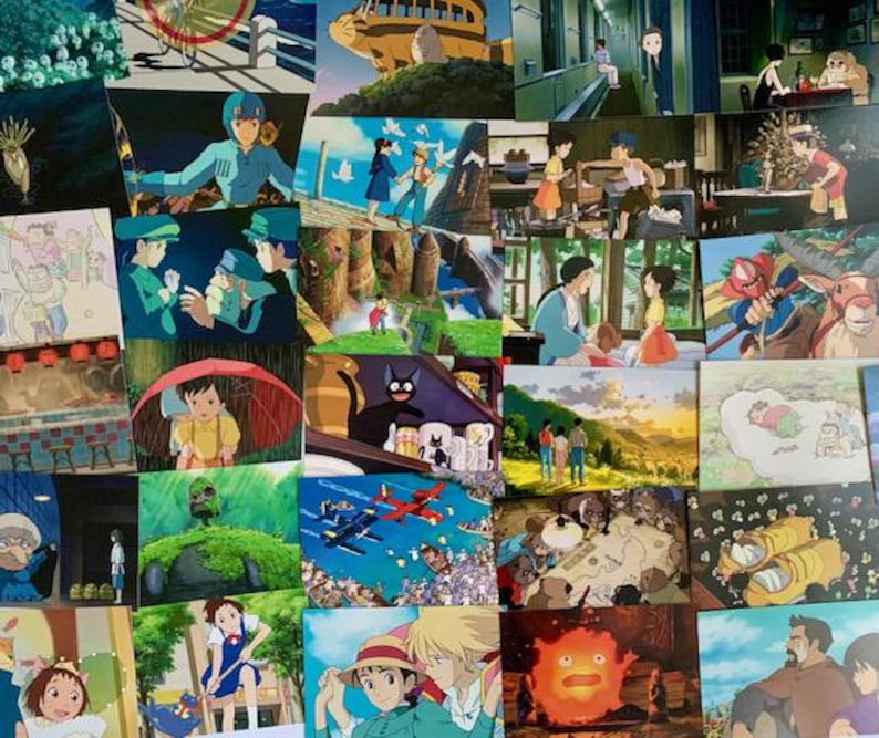 May include: A collage of colourful images featuring characters from popular animated films, including Totoro, Kiki's Delivery Service, and My Neighbor Totoro. The images are arranged in a grid pattern and feature a variety of scenes and characters.