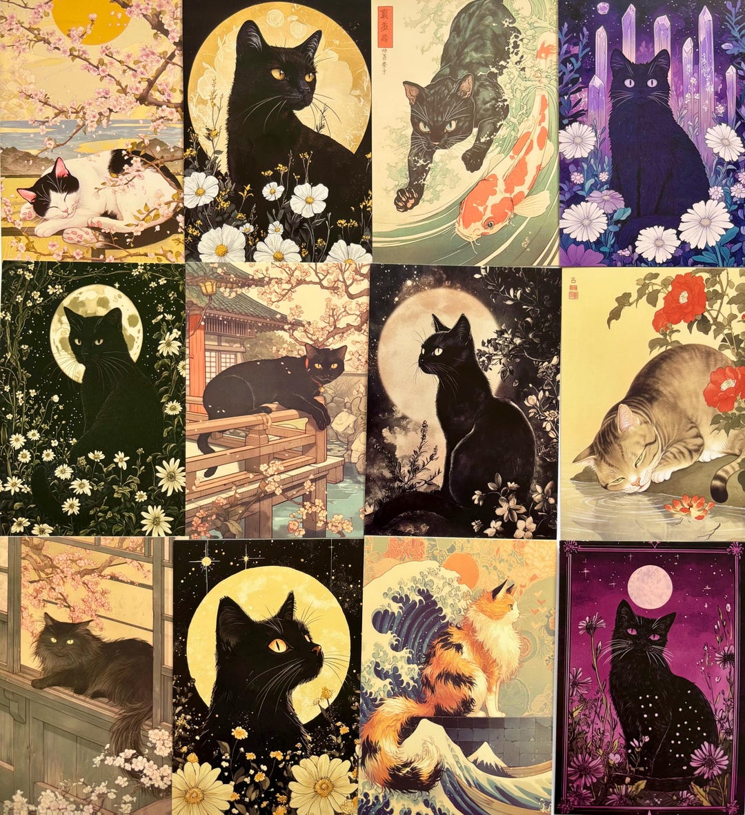 Cat Postcards: Gothic Black Cats And/or Japanese Style - LUCKY DIP