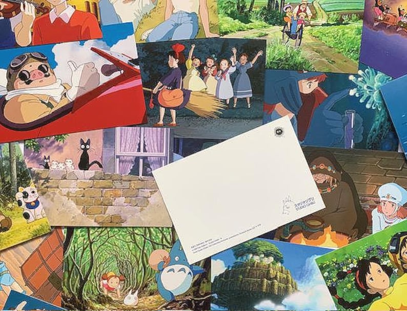 May include: A collection of colorful postcards featuring characters and scenes from popular Japanese animated films. The postcards are arranged in a random pattern, with some overlapping. The postcards feature a variety of characters, including a pilot, a cat, a girl with a broom, and a girl with a red hat. The postcards also feature scenes from different films, including a forest, a city, and a sky.