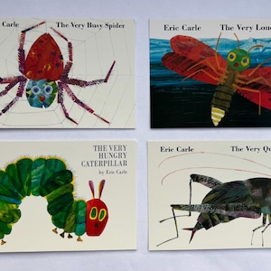 May include: Four children's book covers by Eric Carle. Titles include "The Very Busy Spider," "The Very Lonely Firefly," "The Very Hungry Caterpillar," and "The Very Quiet Cricket." Each features colorful illustrations of the respective insect.