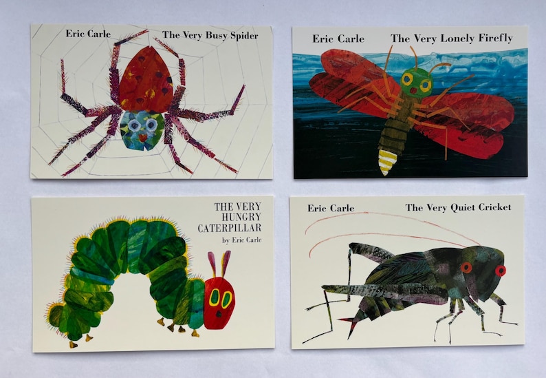 May include: Four children's book covers by Eric Carle. Titles include "The Very Busy Spider," "The Very Lonely Firefly," "The Very Hungry Caterpillar," and "The Very Quiet Cricket." Each features colorful illustrations of the respective insect.