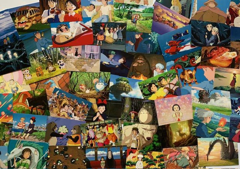 May include: A collage of images featuring characters and scenes from various Studio Ghibli films, including Totoro, Spirited Away, Kiki's Delivery Service, and Princess Mononoke.