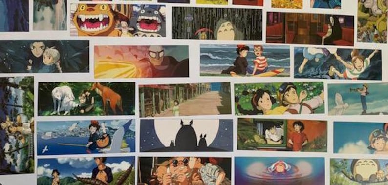 May include: A collage of colourful images from various Studio Ghibli films. The images include characters, scenes, and iconic elements from popular films like Spirited Away, My Neighbour Totoro, and Princess Mononoke.