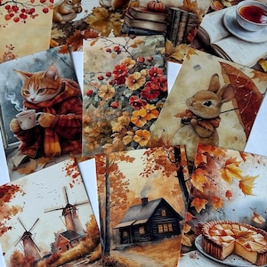 Può includere: Una collezione di cartoline rettangolari con illustrazioni a tema autunnale, tra cui un gatto con sciarpa e tazza, scoiattoli, un coniglio con ombrello, una capanna, mulini a vento, una torta di zucca e fogliame autunnale in toni arancio e marrone.