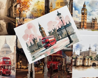 London Postcard | Water-colour style| Card-making| Crafts| Decor| Books| Gift