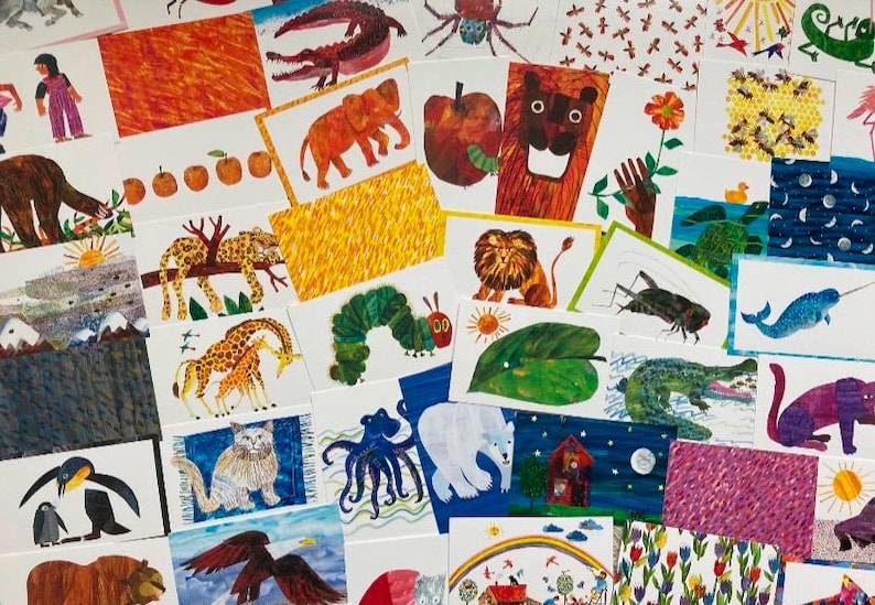 May include: A collection of colorful children's art cards featuring various animals, fruits, and scenes. The illustrations include a crocodile, elephant, lion, giraffe, and a caterpillar. The cards are arranged in a visually appealing, layered composition.