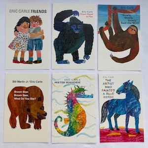 May include: Six children's book covers by Eric Carle. Titles include "Friends," "From Head to Toe," "Slowly, Slowly, Slowly, Said the Sloth," "Brown Bear, Brown Bear, What Do You See?," "Mister Seahorse," and "The Artist Who Painted a Blue Horse."