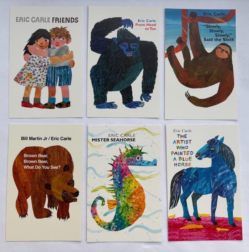 May include: Six children's book covers by Eric Carle. Titles include "Friends," "From Head to Toe," "Slowly, Slowly, Slowly, Said the Sloth," "Brown Bear, Brown Bear, What Do You See?," "Mister Seahorse," and "The Artist Who Painted a Blue Horse."
