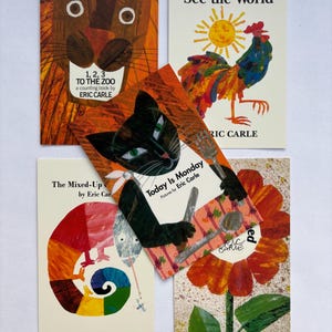 May include: A collection of children's books by Eric Carle, featuring colorful illustrations of animals and objects. Titles include "1, 2, 3 to the Zoo," "Rooster's Off to See the World," "The Mixed-Up," and "Today is Monday."