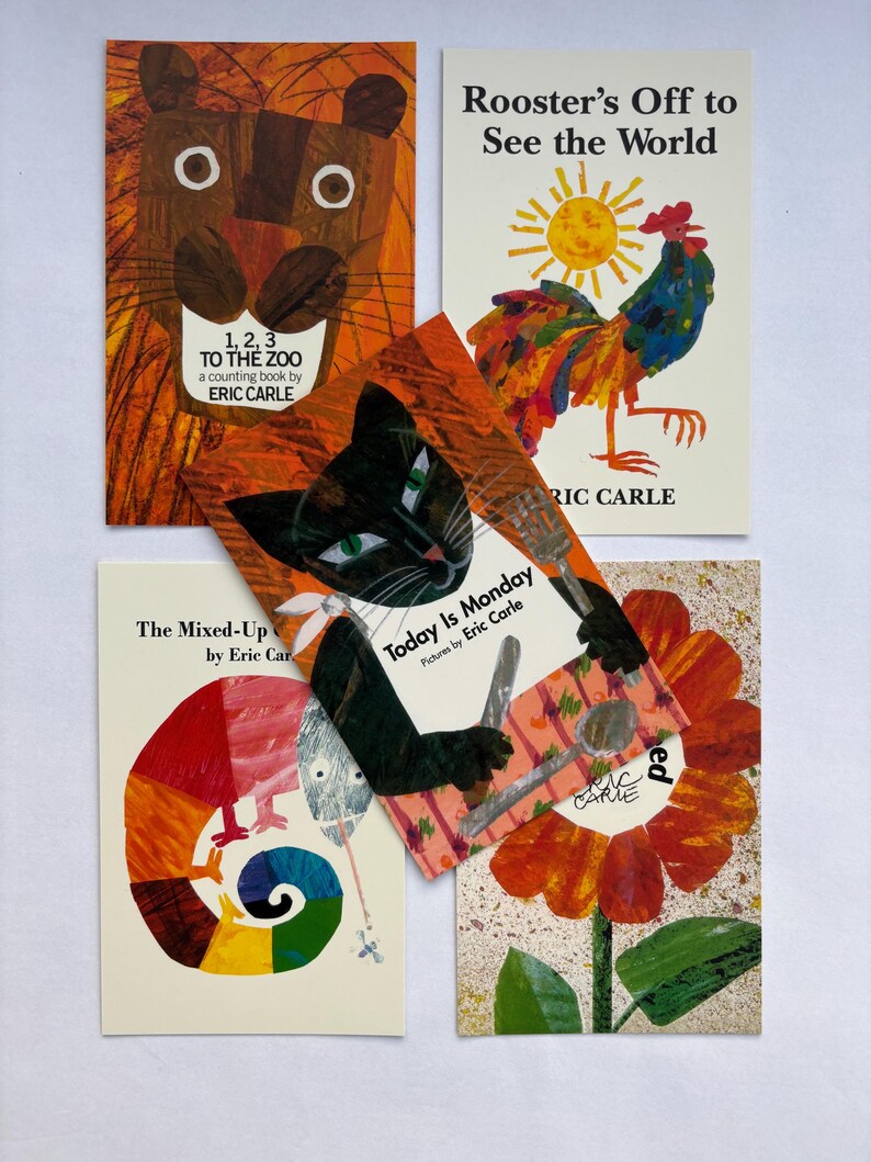 May include: A collection of children's books by Eric Carle, featuring colorful illustrations of animals and objects. Titles include "1, 2, 3 to the Zoo," "Rooster's Off to See the World," "The Mixed-Up," and "Today is Monday."
