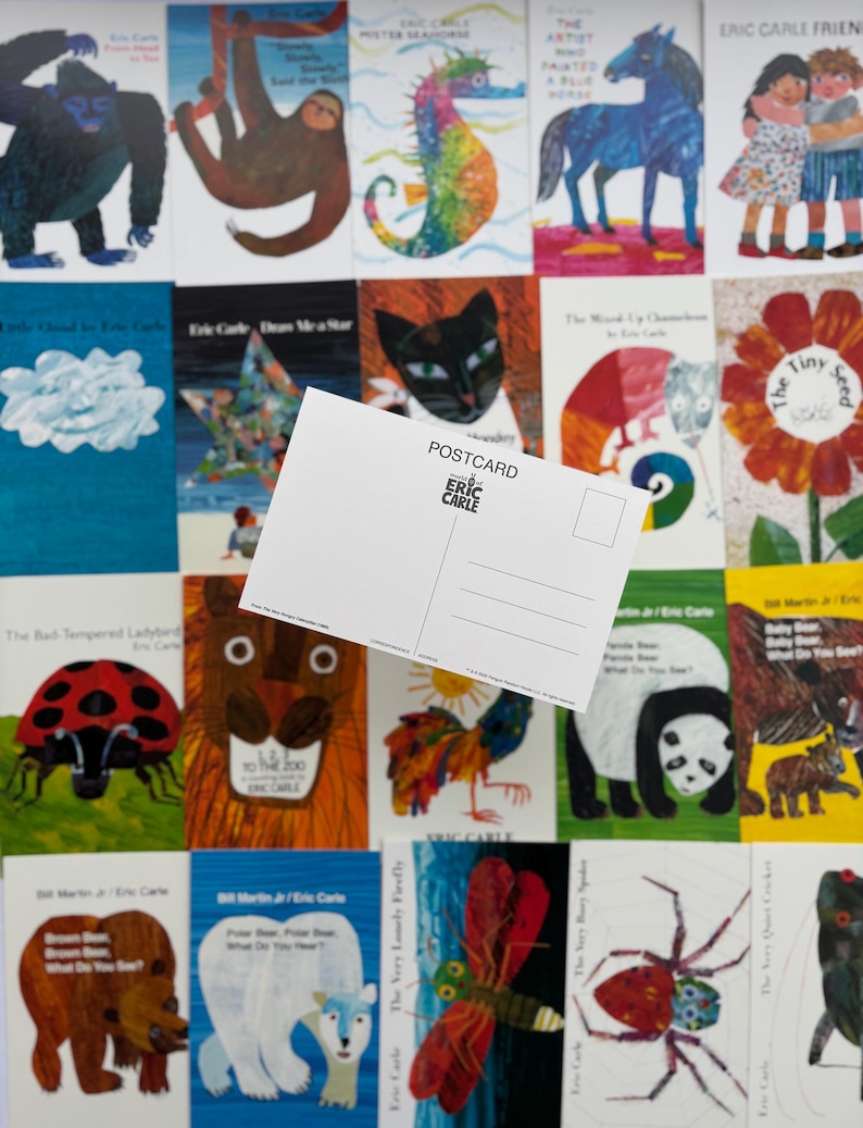 May include: A collection of colorful children's book covers and postcards by Eric Carle. The covers feature illustrations of animals, including a gorilla, sloth, seahorse, and horse. A blank postcard with the Eric Carle logo is in the foreground.