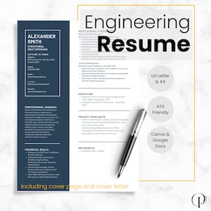 Op de afbeelding: Een technische cv met de titel "Engineering Resume" met secties voor ervaring, opleiding en vaardigheden. Een zwarte en zilveren pen ligt op het document. Het cv is ATS-vriendelijk en bevat een omslag en een begeleidende brief.