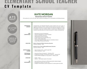 Plantilla de currículum para profesor de primaria / Plantilla de CV compatible con ATS para Google Docs y Canva