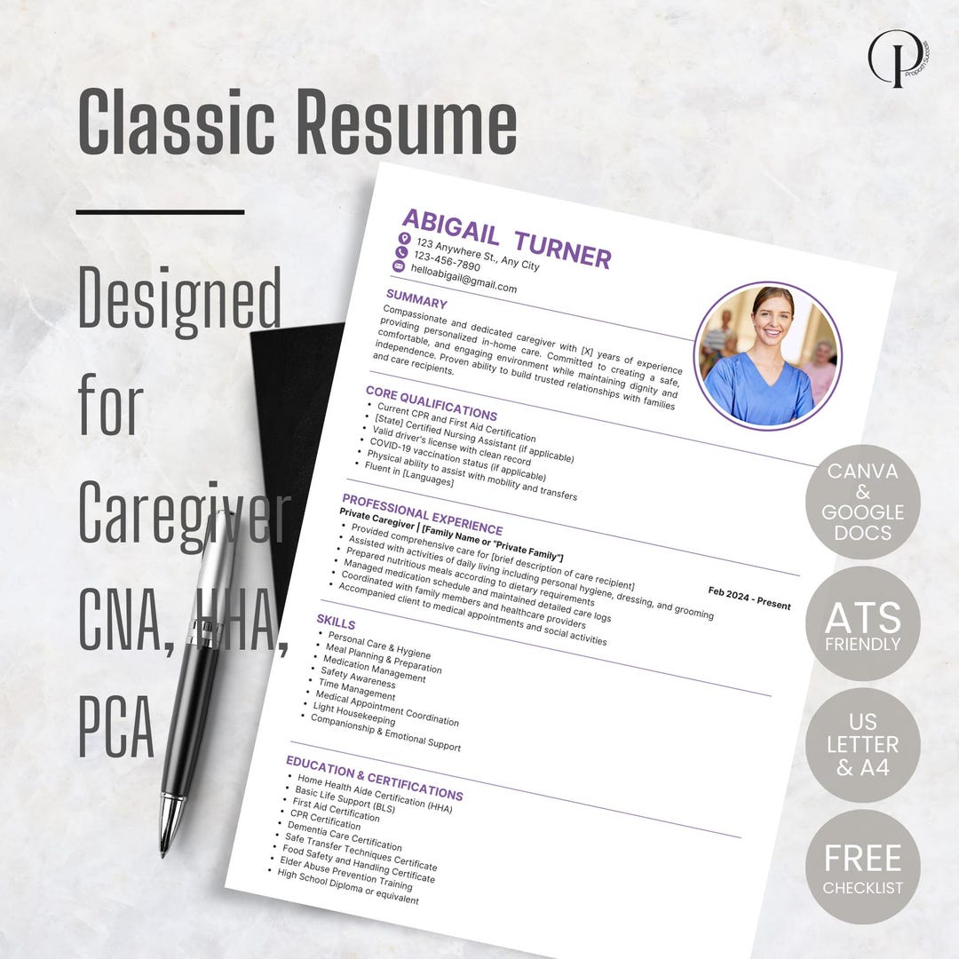 Caregiver Resume Template for Private Home Care | ATS Friendly for HHA ...