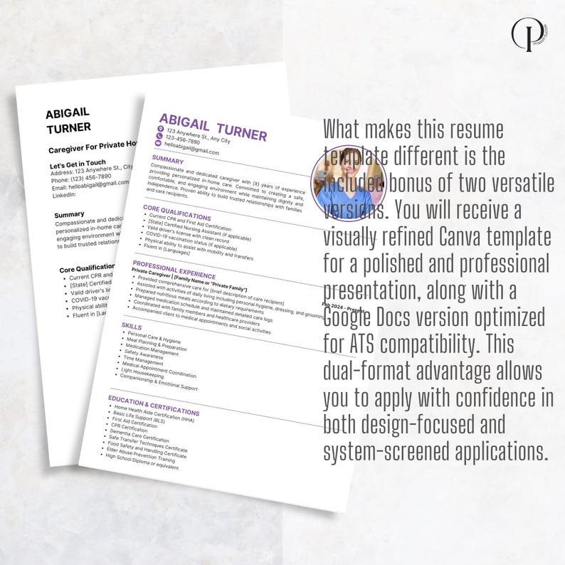 Caregiver Resume Template for Private Home Care | ATS Friendly for HHA ...