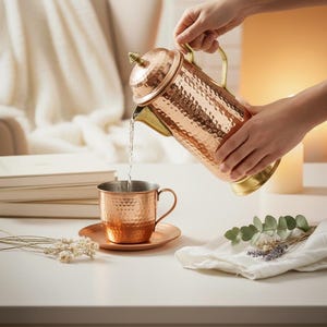 Może przedstawiać: Miedziany zestaw do herbaty z młotkowaną fakturą. Zestaw zawiera czajniczek z mosiężnym uchwytem i wylewką, filiżankę i spodek. Woda jest wlewana z czajniczka do filiżanki. Zestaw stoi na białej powierzchni.