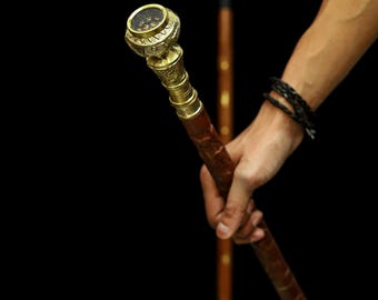 Luxury Wooden Walking Stick with Antique Copper Handle Hand-Carved Cane for Walking Support Functional Gift for Men & Collectors