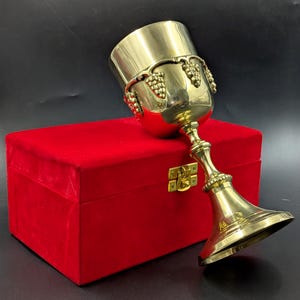 Vintage Brass Chalice Goblet with Velvet Box Religious Decor Grape Motif Communion Cup Gold Church Altarware Collectible Gift