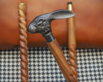 Personalized Antique Brass Rabbit Head Cane – Spiral Carved Wooden Walking Stick – Handmade Vintage Animal Handle Cane – Decorative Gift