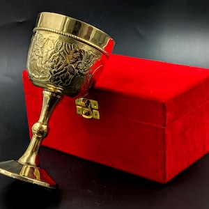 Gold Brass Chalice Religious Goblet with Red Box Engraved Catholic Holy Grail Cup Church Decor Priest Gift Altar Communion Chalice