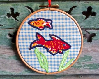 Applique Hoop Art, Two Fishes in a Gold Fish Bowl, Gingham Applique Wall Decor, Swimming Fish Design, Fun Hoop Art, Two Fish Wall Art