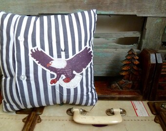 Vintage Bald Eagle Transfer on Black & White Stripe Shirt Fabric, OOAK Small Cushion, Americana Throw Pillow, Masculine Statement Cushion