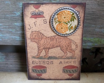 Vintage Silkie Embroidery Fabric Round Brooch, C-Clasp, J.F. Sanchez Tarot 4 Cups Tiger Printed Card, Fusion Brooch Card, Piddix Design Card